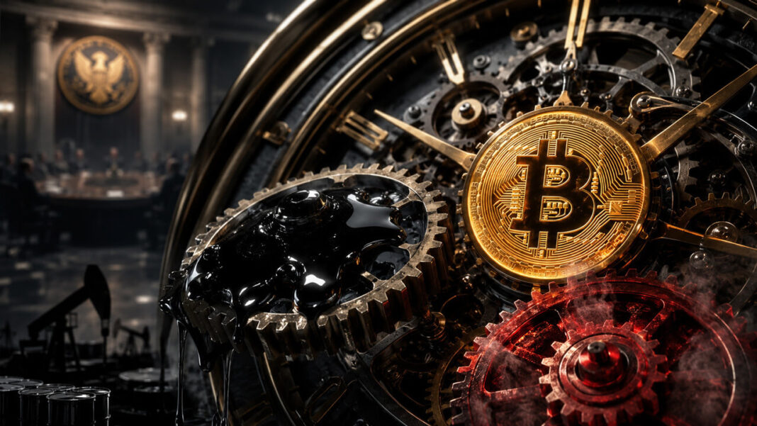 Trump signing an executive order as quantum computing and Bitcoin market data charts highlight the intersection of US technology policy, quantum computing, and cryptocurrency security.