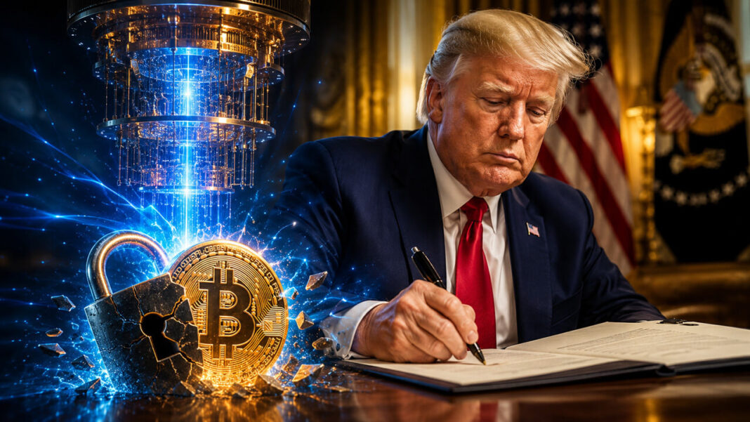 Trump signing an executive order as quantum computing and Bitcoin market data charts highlight the intersection of US technology policy, quantum computing, and cryptocurrency security.
