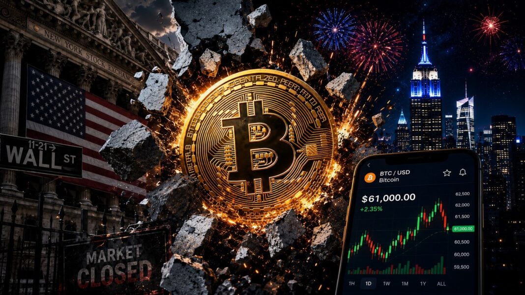 Bitcoin Freedom Money Independence Day graphic with Bitcoin breaking through Wall Street closure and 24/7 trading theme