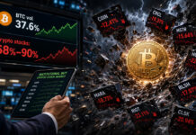 Funds are buying crypto stocks. Are they exposed to less risk — or more? Crypto stocks vs Bitcoin volatility comparison showing Bitcoin price chart alongside publicly traded crypto company stocks.