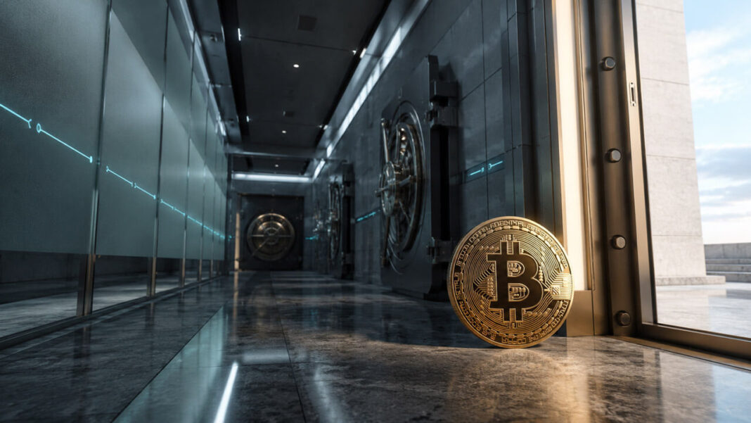 Close-up of a proposed $100 million Bitcoin-backed bond document with a Bitcoin emblem, gavel, and New Hampshire government chamber in the background, illustrating the state