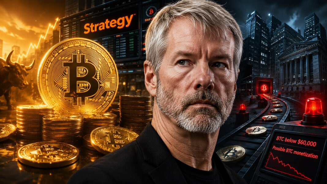 Strategy Bitcoin market transition as Michael Saylor appears beside a Bitcoin symbol and market trading screens