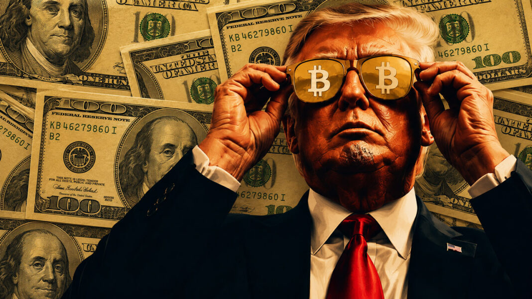 Stylized political figure adjusts gold sunglasses displaying Bitcoin symbols against a collage of US dollar bills.