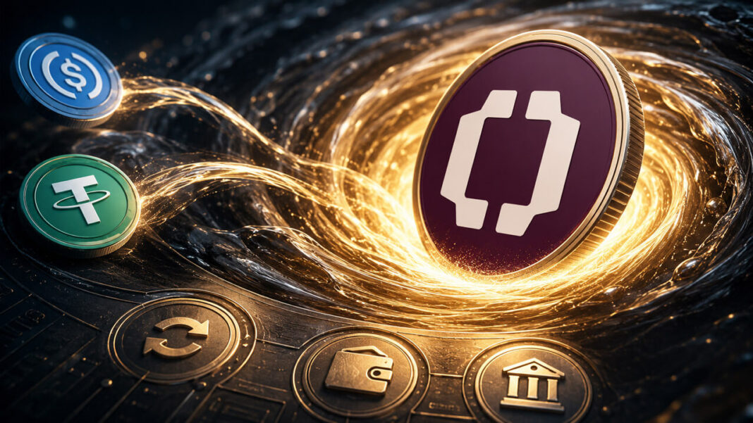 Illustration of OpenUSD and USDC shields facing each other, representing competition over stablecoin network effects.